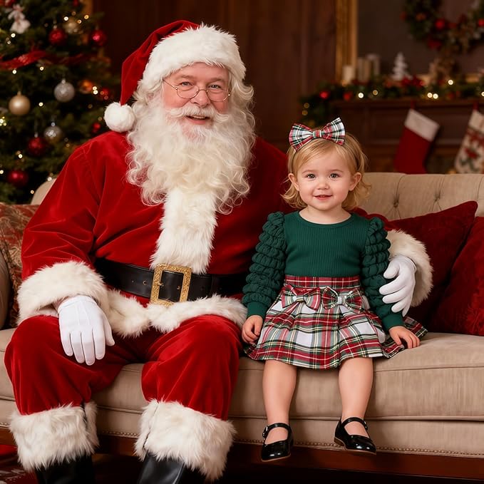 Toddler Baby Girl Plaid Dress Puff Sleeve Bow Patchwork Ribbed Shirts Dress Plaid Fall Winter Outfits with Headband