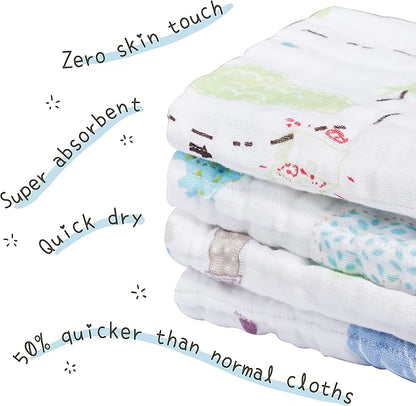 Viviland Baby Muslin Burp Cloths, 100% Cotton Super Absorbent Washcloths for Baby Girl and Boy, 10 x 20 inches 6-Layer Baby Bath Towels, Elephant & Whale Pattern 4 Pack