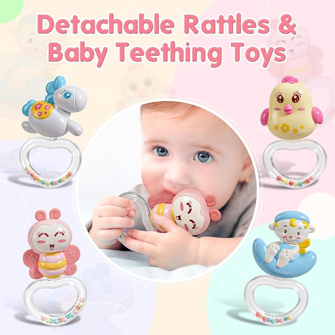 BOBXIN Baby Musical Crib Mobile for Bassinet with Projector and Night Light,150 Music,Timing Function,Take Along Mobile Musical Box and Rattle,Toy for Newborn Girls Boys