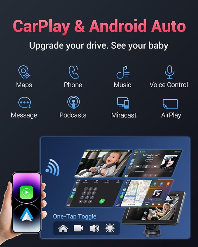 Baby Car Camera, 1296P HD Car Baby Monitor with 7" Touchscreen, CarPlay, No‑Glow Night Vision, 150° Wide Angle, Live Rear‑Seat View, Easy Installation, Alternative to Rear Facing Mirrors