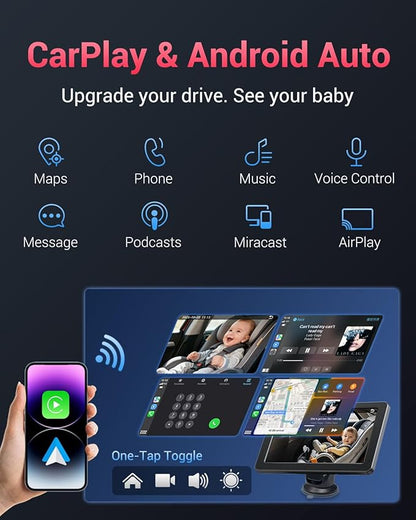 Baby Car Camera, 1296P HD Car Baby Monitor with 7" Touchscreen, CarPlay, No‑Glow Night Vision, 150° Wide Angle, Live Rear‑Seat View, Easy Installation, Alternative to Rear Facing Mirrors