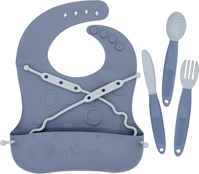 BUSY BABY Bungee Bib & Utensil Set – Adjustable Silicone Bib with Pocket & Tethered Utensils for Babies & Toddlers