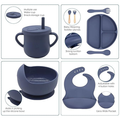 100% Silicone Baby Feeding Set, BPA Free Baby Dishes with Suction Bowl, Divided Plate, Toddler Self Feeding Dish Set with Spoons, Forks, Sippy Cup and Bib, Baby Eating Utensils (Navy Blue)
