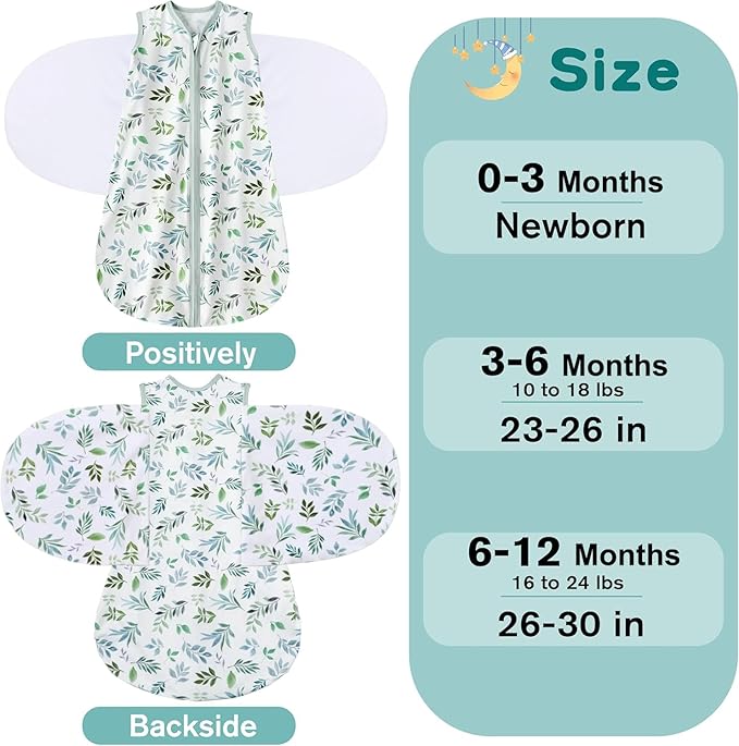 Newborn Sleep Sack Baby Swaddle,Swaddle me 3-6 Month,3-Way Adjustable Wearable Blanket,100% Rayon Cotton Swaddling Sleeping Bag，TOG 0.5 (Leaf, 3-6 Months)