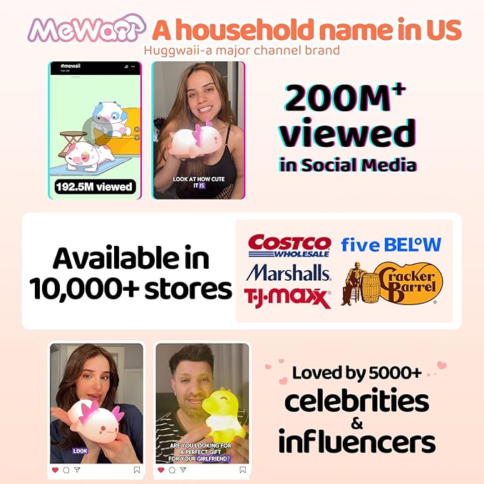 Mewaii Huggwaii Squishy Axolotl Night Light for Kids – Dimmable Silicone Axolotl Lamp, 2025 Upgraded Baby Night Light, Rechargeable, 20H Battery Life, Sleep Aid Gift for Toddlers, Girls&Room Decor