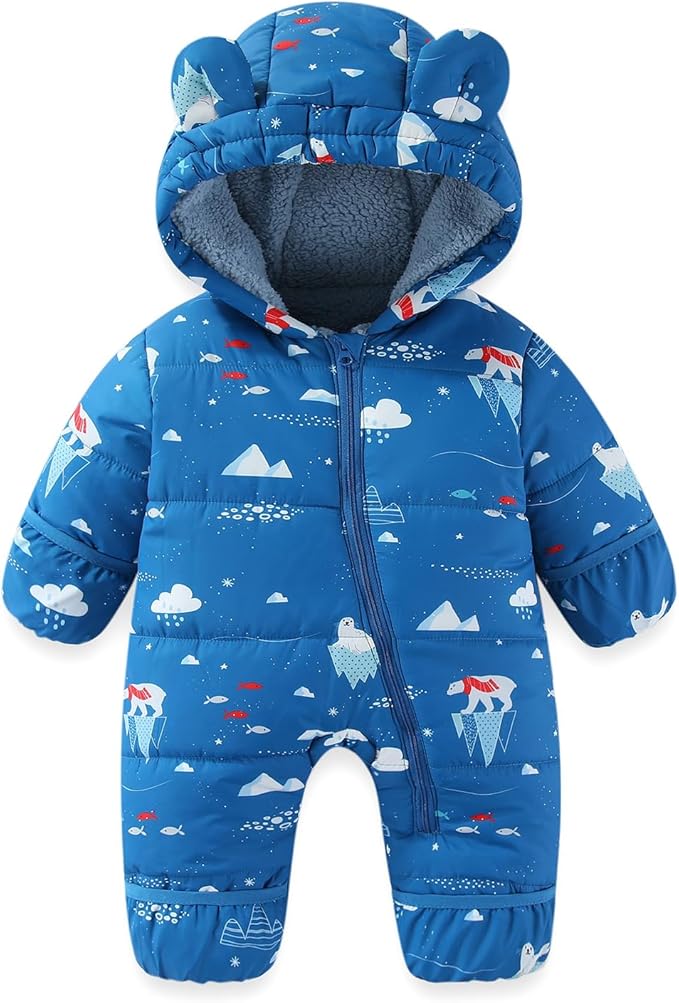 JiAmy Baby Snowsuit Baby Printed Winter Clothes With Flod-Over Girl Boy Hooded Outfits Jumpsuit Coat