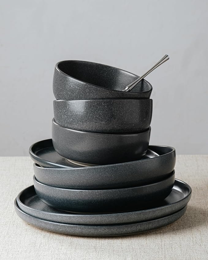 Famiware Milkyway Stoneware Dinnerware Sets with Mugs, Service for 4 (16 Pieces), Reactive Glaze Plates and Bowls Sets, Microwave and Dishwasher Safe Dishes Set, Matte Dark Charcoal