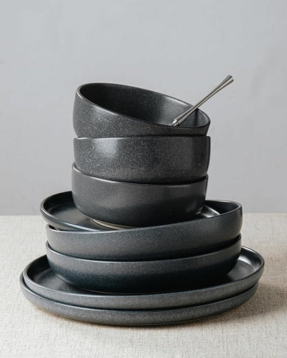 Famiware Milkyway Stoneware Dinnerware Sets with Mugs, Service for 4 (16 Pieces), Reactive Glaze Plates and Bowls Sets, Microwave and Dishwasher Safe Dishes Set, Matte Dark Charcoal