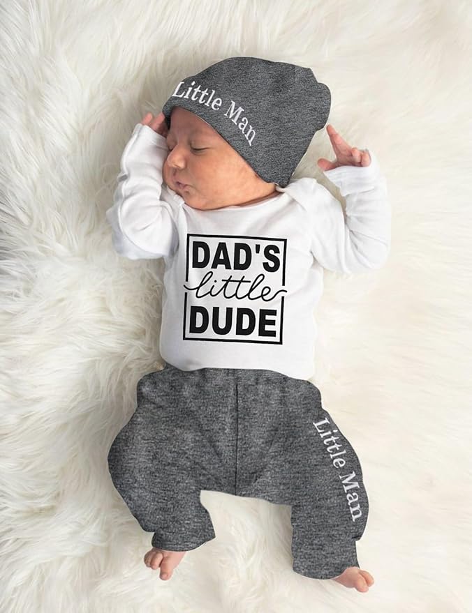 Fommy Newborn Baby Boy Clothes New to The Crew Letter Print Romper+ Pants+Hat 3PCS Outfit