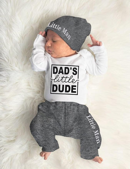 Fommy Newborn Baby Boy Clothes New to The Crew Letter Print Romper+ Pants+Hat 3PCS Outfit