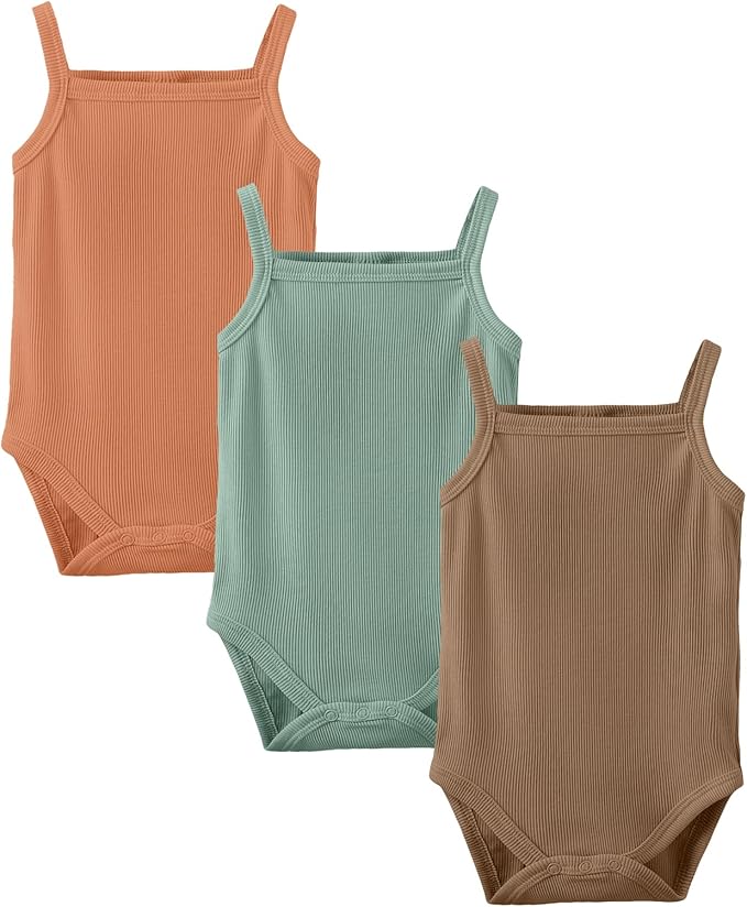 OPAWO Onsies for Baby Girls' Bodysuits 3 Pack Neutral Baby Clothes Spaghetti Strap & Long Sleeve Fall Baby Undershirt 0-2T