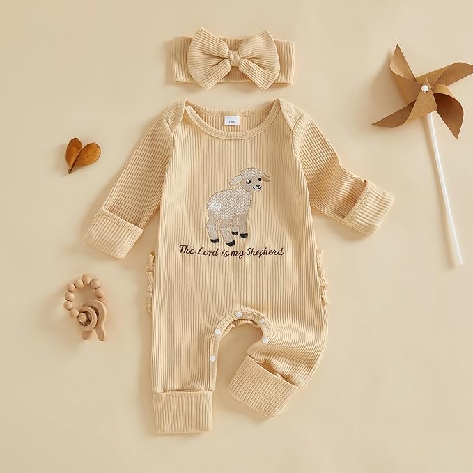 allshope Infant Baby Girl Fall Outfit Romper Ribbed Embroidery Onesie Jumpsuit Long Sleeve Bodysuit Cute Newborn Clothes