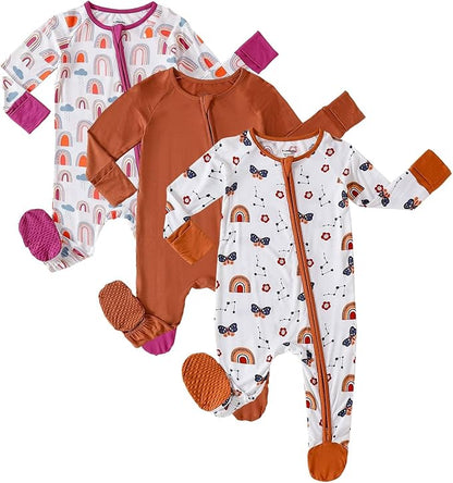 OPAWO Bamboo Baby Pajamas 3 Pack, 2 Way Zipper Newborn Footie Pajamas with Mitten Cuffs, Bamboo Sleepers for Baby Girl Onesie