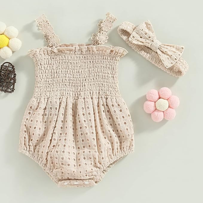 Newborn Baby Girl Bodysuit Sleeveless Halter Frill Romper One-piece Jumpsuit with Headband Summer Clothes Set