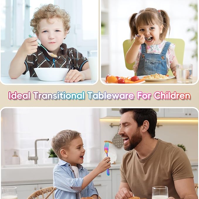 10 Pieces Stainless Steel Rainbow Toddler Utensils Set - Food Grade Kids Silverware Set Children Safe Small Forks and Spoons Mirror Polished Sturdy and Durable Dishwasher Safe
