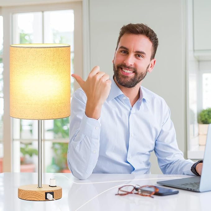 Lynnoland Set of 2 Touch Wood Table Lamps, Bedroom Lamps with 2 USB AC Outlet, 3-Way Dimmable Bedside Nightstand Lamps for Bedroom Living Room Nursery, 800 Lumens 2700K Bulbs Included