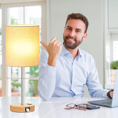 Lynnoland Set of 2 Touch Wood Table Lamps, Bedroom Lamps with 2 USB AC Outlet, 3-Way Dimmable Bedside Nightstand Lamps for Bedroom Living Room Nursery, 800 Lumens 2700K Bulbs Included