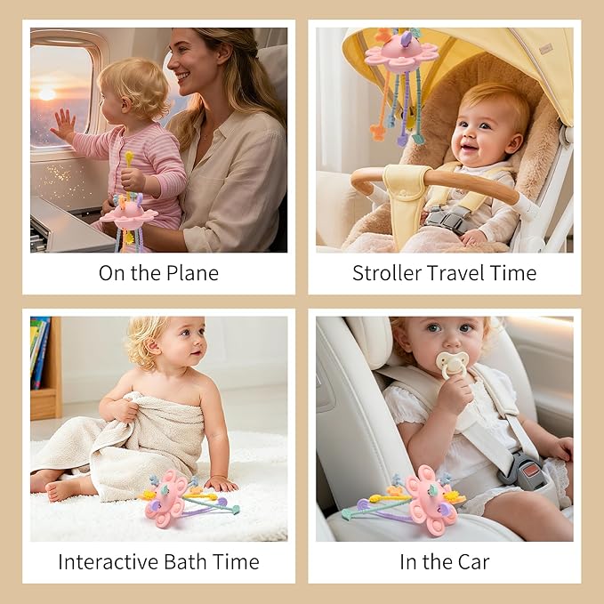 Little Rawr Silicone Baby Sensory Montessori Toys & Pull String Teething Toys for 18 M+, Toddler Birthday Gift Car Seat Airplane Travel Toy for 1 2 Year Old Boy Girl Infant 18 Months Old (Pink)