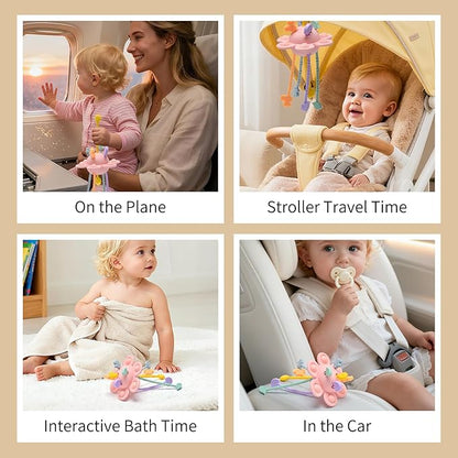 Little Rawr Silicone Baby Sensory Montessori Toys & Pull String Teething Toys for 18 M+, Toddler Birthday Gift Car Seat Airplane Travel Toy for 1 2 Year Old Boy Girl Infant 18 Months Old (Pink)
