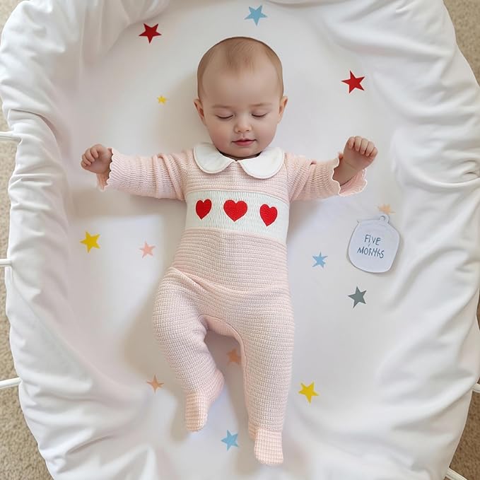 Gaono Newborn Baby Girl Romper Waffle Knit Striped Long Sleeve Doll Collar Heart Bow Jumpsuit Bodysuit Fall Winter Clothes