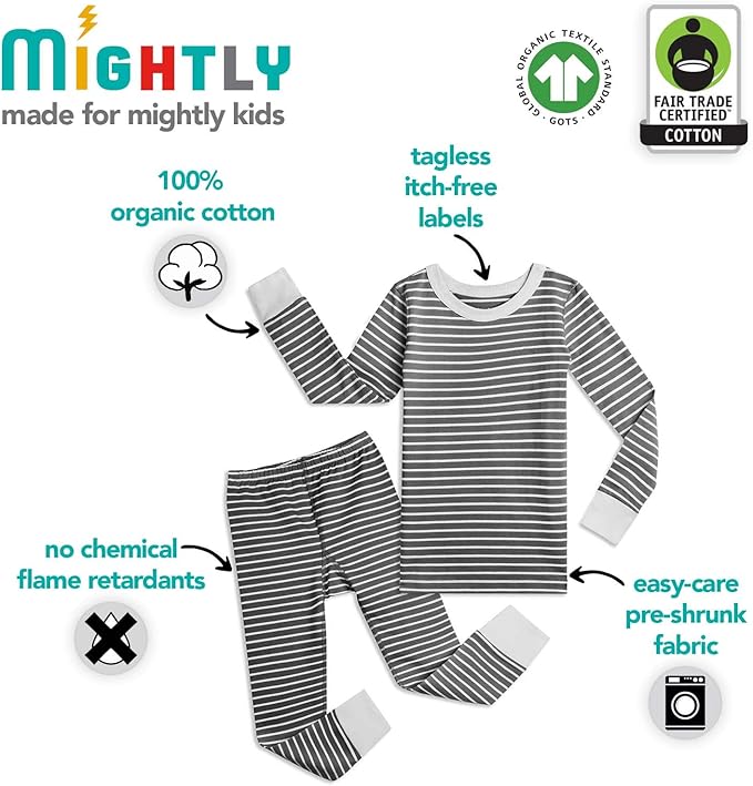 Mightly Boys and Girls' Pajamas | 100% Organic Cotton Soft, Elastic and Comfortable Footless Pajama Set for Toddlers & Kids