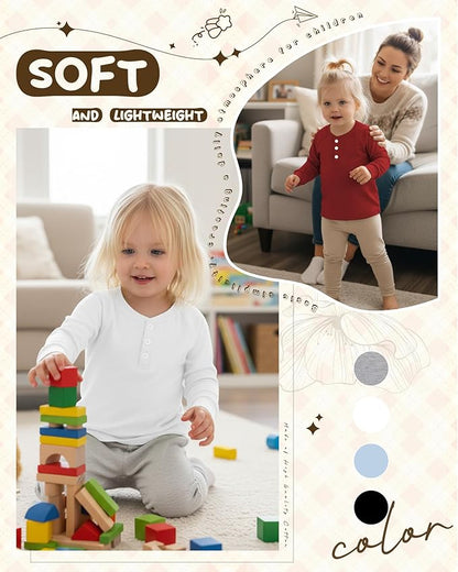 4 Pack Boys' Long Sleeve Shirts Girls' Henley Tees Toddler Baby Knit Casual Tops Kids Fall Clothes Unisex