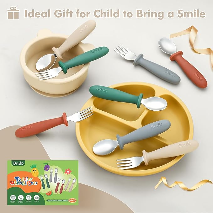 DRKIO 8 Pieces Toddler Utensils Set - Kids Silverware Set with Silicone Handle Children Safe 18/8 Stainless Steel Forks and Spoons Anti-Choke Design Food Grade Dishwasher Safe