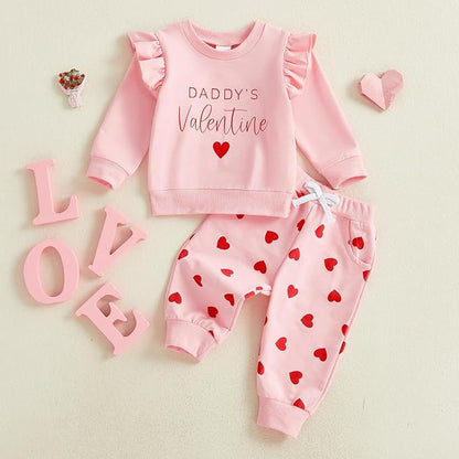 Dcohmch Daddys Valentine Baby Girl Outfit Letter Heart Print Long Sleeve Tops Shirt and Pants Toddler Spring Clothes