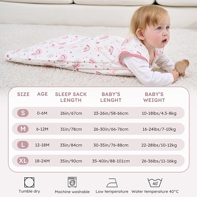 Baby Sleep Sack 6-12 Months, 2.5 TOG Cotton Winter Baby Wearable Blanket with 2-Way Zipper, Warm Soft Sleeping Bag for Newborn Infant Boy Girl, Medium Rainbow