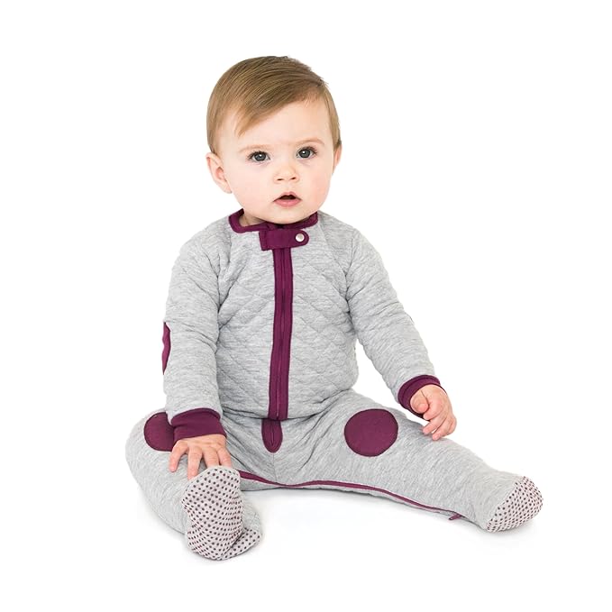 baby deedee Sleepsie Cotton Quilted Footie Pajama, Heather Gray/Mauve, 3-6 Month
