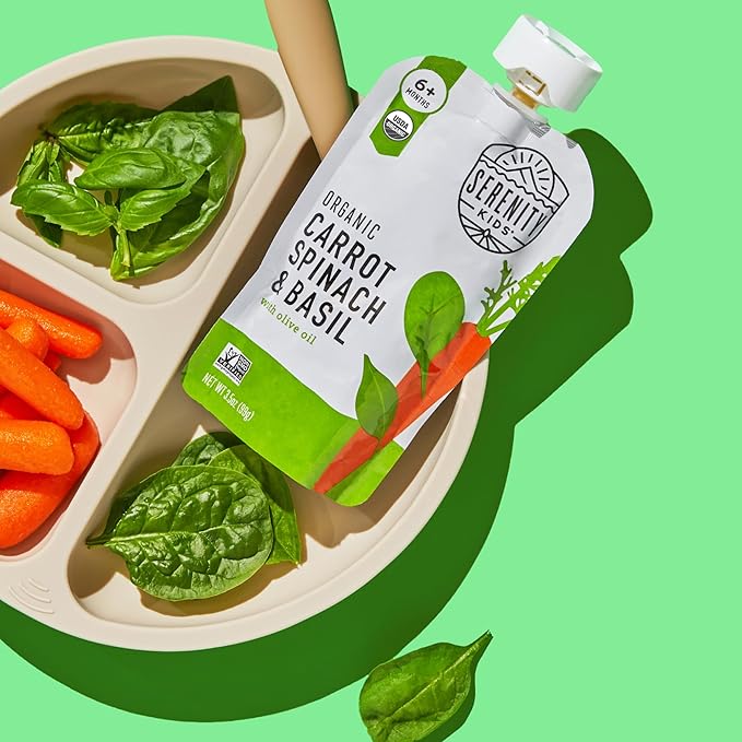 Serenity Kids 6+ Month Veggie Puree Baby Food Pouches - Carrot, Spinach & Basil - USDA Organic Baby Food - No Added Sugar Snack Pouch - On-the-Go Toddler Snacks - 3.5 Oz, 6 Pack