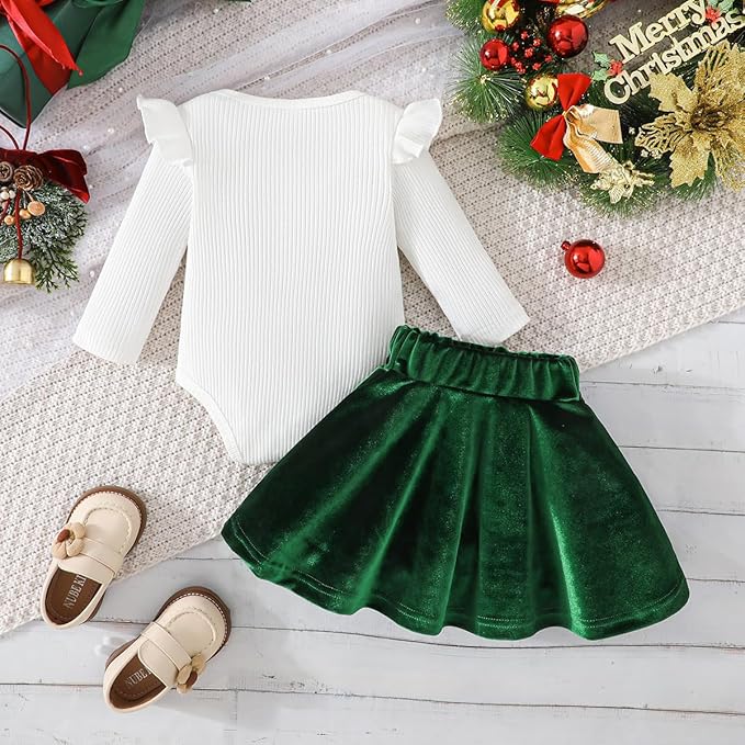Baby Girls Christmas Outfit Long Sleeve Ruffled Romper+Green Red Velvet Tutu Skirt+Headband Xmas Dress