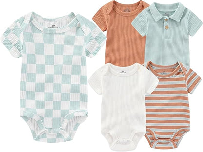 Baby Boy Girl Short Sleeve Bodysuits New Born 100% Cotton Clothes 5-Pack 0-12M