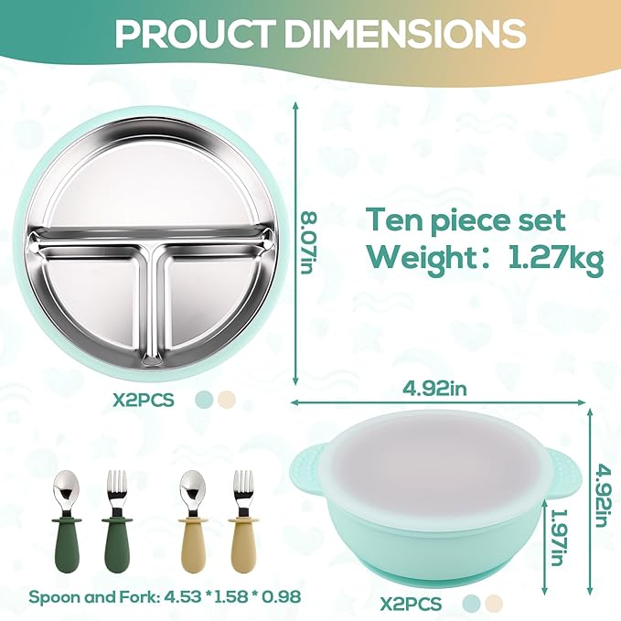 Mity rain Stainless Steel & Silicone Toddler Plates and Bowls Set with Suction,10-Piece Suction Plates & Bowls for Toddler,Removable Shell,Silicones Baby Plates for Independent Eating.