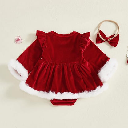 Hnyenmcko Newborn Baby Girl Christmas Clothes Infant Red Plaid Romper Dress Ruffle Long Sleeve Ribbed Bodysuit Headband Set