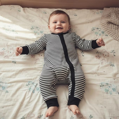 Karuedoo Newborn Infant Baby Boy Clothes Striped Waffle Long Sleeve Zipper Romper Jumpsuit One-Piece Fall Winter Outfit