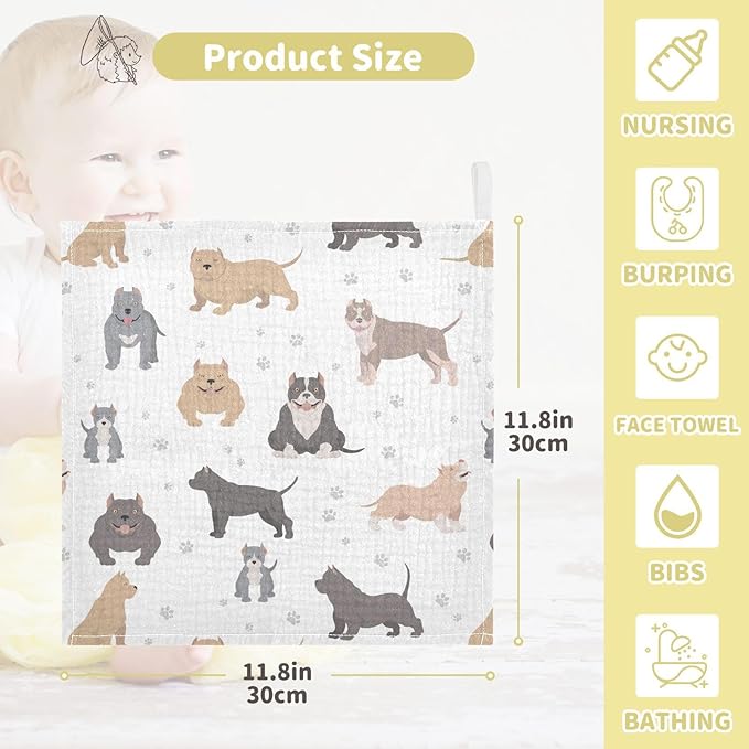 vvfelixl Baby Muslin Washcloths American Bully Dogs Baby Burp Cloths Cotton Baby Face Towel for Newborn Infants Boys Girls Soft and Absorbent 11.8 X 11.8In, 3 Pack