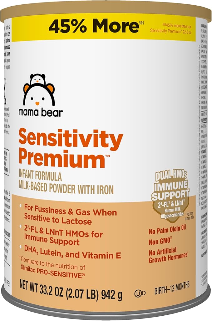 Amazon Brand - Mama Bear Sensitivity Premium Infant Formula Powder with Iron, Dual HMOs for Immune Support, Non-GMO, for Fussiness and Gas from Lactose Sensitivity, 33.2 Ounce (Pack of 1)