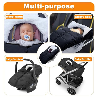 Winter Baby Car Seat Cover - Infant Carseat Bunting Bag Blanket Keep Baby Warm for Newborn Boys Girls- Cold Weather Insulated Windproof Carrier Canopy for Travel (Black)