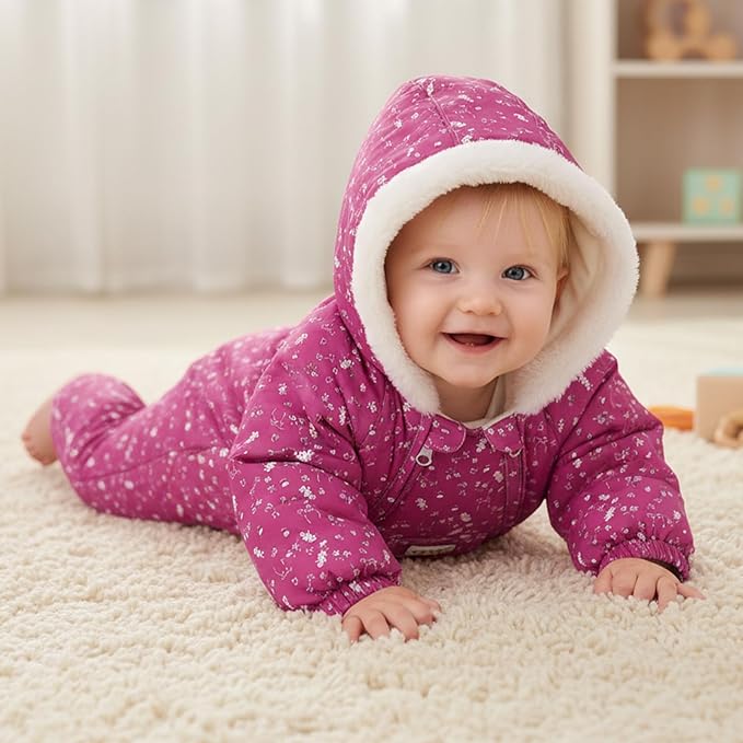 JiAmy Baby Snowsuit Newborn Printed Winter Clothes Outfit Infant Boys Grils Hooded Double Zippers Jumpsuit Onesie Coat