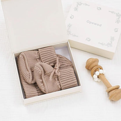 Opewod Baby Hat Booties Set Newborn First Walkers Cozy Socks Shoes Warm Knit Booties Soft Cap for Toddler Infant Boy Girl