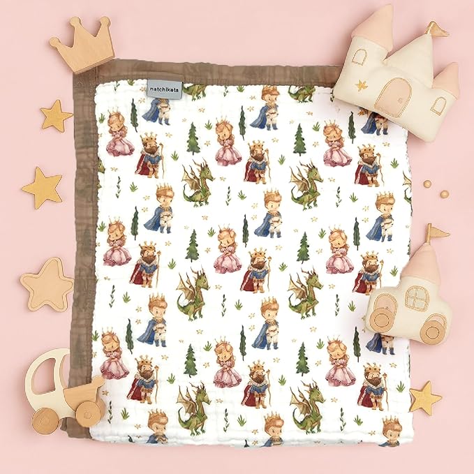 Organic Cotton Muslin Baby Blanket for Boys and Girls - Luxurious Soft Toddler Quilt for Swaddling - Gender Neutral Blanket - Baby and Toddler Gift - Princess Dragon Fairy Tale