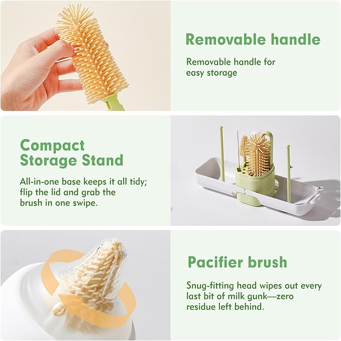 Baby Bottle Brush Set - Baby Bottle Cleaner Kit with Nipple Brush, Silicone Bottle Brush, Straw Cleaner Brush, Soap Dispenser, Bottle Drying Rack - 7 in 1 Bottle Cleaning Tool Set for Home and Travel