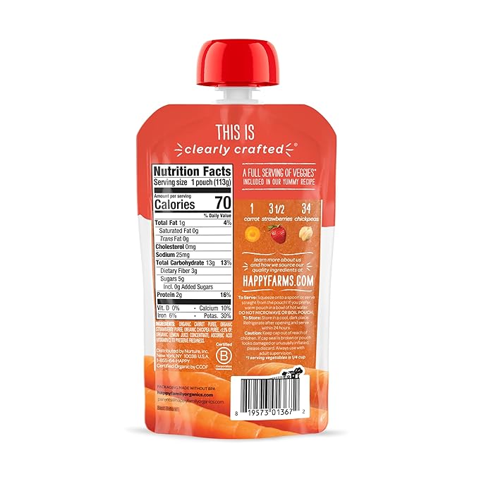 Happy Baby Organics Clearly Crafted Stage 2 Baby Food Carrots, Strawberries & Chickpeas, 4 Ounce Pouch (Pack of 16)