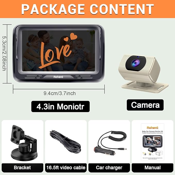 Rohent Car Baby Monitor with Camera - 1080P HD, 360° Adjustable, Night Vision, 150° Wide-Angle Lens, Easy Installation, Perfect Match for Beige Car Interiors, Ideal for Parents & Families