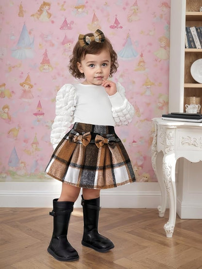 Toddler Baby Girl Plaid Dress Puff Sleeve Bow Patchwork Ribbed Shirts Dress Plaid Fall Winter Outfits with Headband