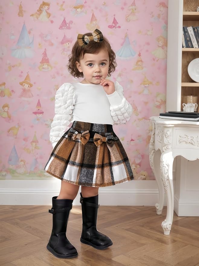 Toddler Baby Girl Plaid Dress Puff Sleeve Bow Patchwork Ribbed Shirts Dress Plaid Fall Winter Outfits with Headband