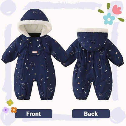 JiAmy Baby Snowsuit Newborn Printed Winter Clothes Outfit Infant Boys Grils Hooded Double Zippers Jumpsuit Onesie Coat