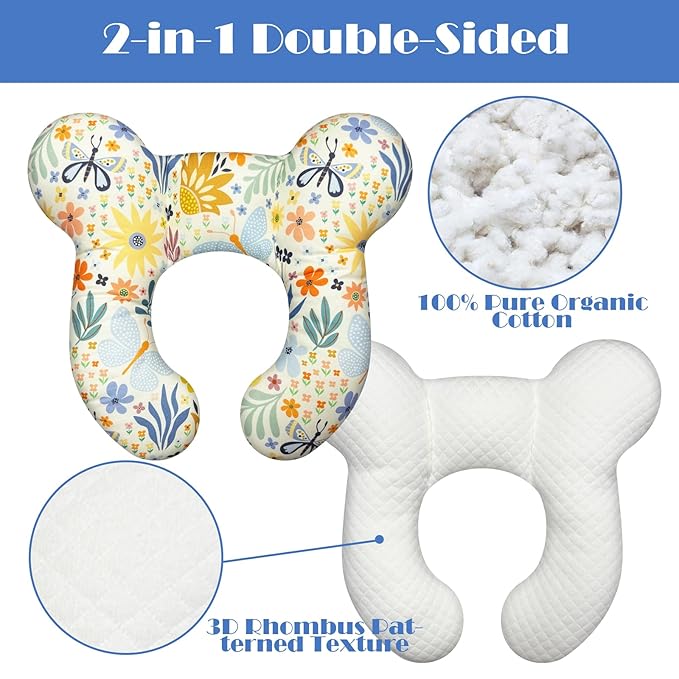 Baby Head Support Pillow for Newborn Toddler, Baby Neck Pillow Upgraded Comfortable Sleep Cushion for Car Plane Stroller Pushchair - Flower A