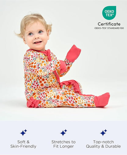 Bamboo Viscose Baby Girl Footless Pajamas Ruffled Baby Sleepers with 2 Way Zipper
